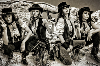 ~Cowgirls~, cowgirls, black and white, guns, brunettes, boots, rocks, cactus, hats HD wallpaper