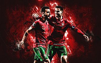 Bruno Fernandes, Cristiano Ronaldo, Portugal national football team, red stone background, football, Portugal, UEFA, Portuguese football players HD wallpaper