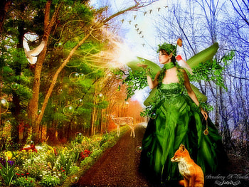 **Green Angel in Springtime**, birds, plants, colors, wonderful, spring, butterflies, animals, trees, female, sweet, bird, eyes, florals, grass, fox, leaves, fantasy, pretty, light, green, deer, face, models, hair, lovely, colorful, softness, sidewalk, cute, digital art, dress, beauty, butterfly, sparkle, lips, wings, garden, beautiful, seasons, park, love, manipulation, cool, girls, flowers, women, tender touch, bubbles, splendor HD wallpaper