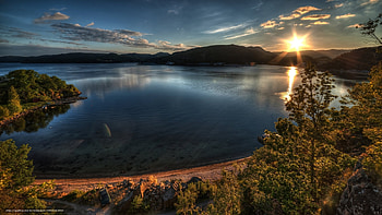Coastal Sunset, coast, clouds, trees, sky, nature, sun, sunset HD wallpaper