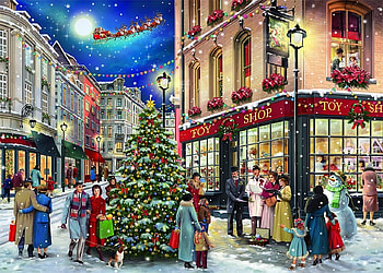 Last Minute Shopping, carols, tree, snowman, shopping, singing, sleigh, presents, moon, Christmas, santa, toy shop HD wallpaper