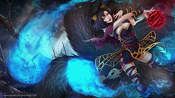 Ahri, blue, girl, fox, fantasy, league of legends, game, luminos, nine tails HD wallpaper