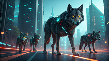 Wolf Pack in : A Stunning Urban Adventure, Wolf Pack, wolf, futuristic, cityscape, glowing eyes HD wallpaper