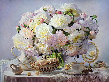Still life, pictura, peony, cup, zbigniew kopania, cookies, bujor, tea, art, painting, flower HD wallpaper