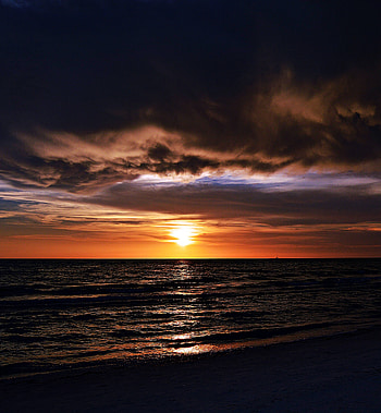 Dark, sunset, beach, sea surfae, nature, clouds HD phone wallpaper
