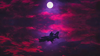 Dark evening, boating, bright moon, red sky, art HD wallpaper