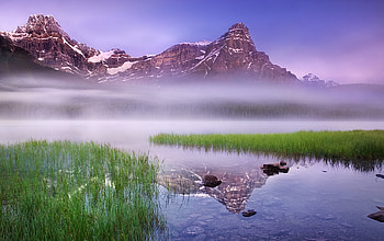 Landscape, morning, colors, peaceful, misty, sunrise, beauty, mist, fog, reflection, snow, foggy, trees, mountains, water, beautiful, grass, lake, stones, purple, green, view, clouds, nature, sky, lovely, splendor HD wallpaper