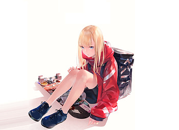 Hoodie, red, calm, anime girl HD wallpaper
