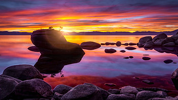 Bonsai Rock, Lake Tahoe, Nevada, colors, clouds, sky, water, rocks, reflections, usa, sunset HD wallpaper