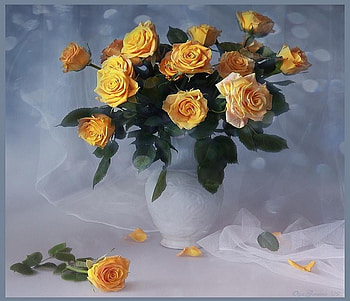 Friendship blooms, white, stems, roses, vase, still life, leaves, petals, yellow, flowers, dreamy HD wallpaper