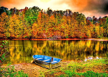 Lake boat, boat, fall, peaceful, beautiful, lake, summer, reflection, mirrored, clouds, autumn, nature, sky, calm HD wallpaper