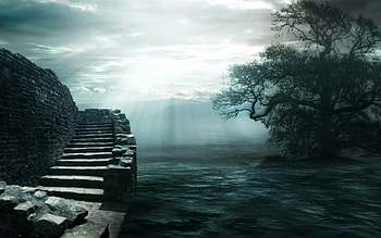 Dark place, trees, ladder, water, dark HD wallpaper