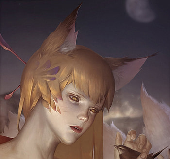 Fox girl with bird, bird, art, girl, weiss hunt, fox, orange, hand, fantasy, face, luminos HD wallpaper