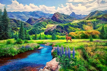 the mountain song, art, painted, deer, mountain HD wallpaper