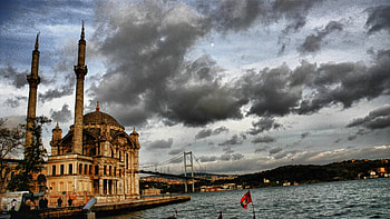 mosque on a bay in istanbul, city, mosque, bay, clouds, bridge HD wallpaper