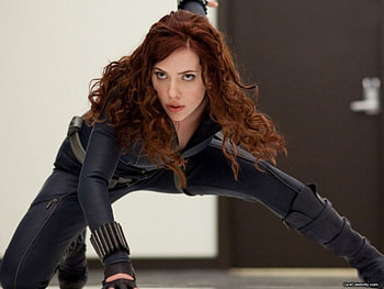 Scarlett Johansson, red lips, long red hair, sexy black dress, green eyes, actress, female HD wallpaper