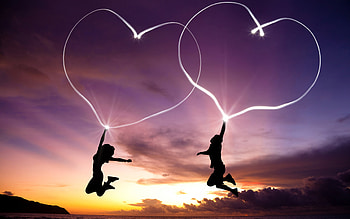 lovers silhouettes, love concepts, two hearts, sunset, creative, abstract hearts, background with hearts, flight of lovers HD wallpaper