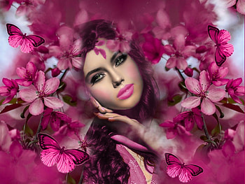 Delicate Pink, vibrant, vivid, bright, bold, colorful, white, black, girl, butterflies, pink, flowers HD wallpaper