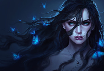 Etari, blue, frumusete, art, dark, butterfly, grace zhu, face, luminos HD wallpaper