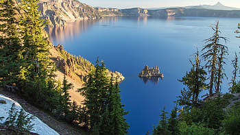 Lake, island, crater, nature, forest HD wallpaper
