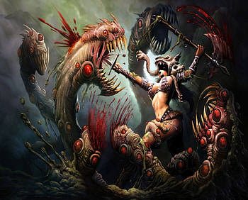 Fighting The Monster, sword, fantasy, wolf fur, monster, woman HD wallpaper