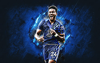 Reece James, Chelsea FC, English footballer, portrait, Reece James art, blue stone background, football HD wallpaper