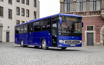 Mercedes-Benz Intouro, 2021, exterior, front view, passenger bus, new blue Intouro, German buses, Mercedes-Benz Buses HD wallpaper