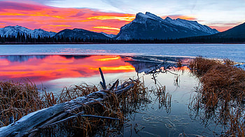 Mt Rundle and Vermilion Lake, Banff NP, Alberta, colors, sky, mountains, water, canada, ice, reflections, sunset, landscape HD wallpaper