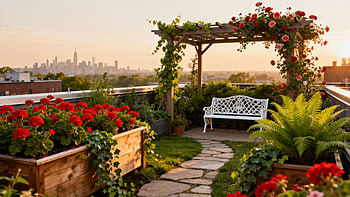 Urban Oasis Rooftop Garden — Ultra, bench, flower HD wallpaper