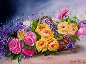 Basket with flowers, colorful, bouquet, nice, fragrance, basket, delicate, petals, roses, beautiful, tender, still life, pink, leaves, pretty, freshness, yellow, scent, flowers, lovely HD wallpaper