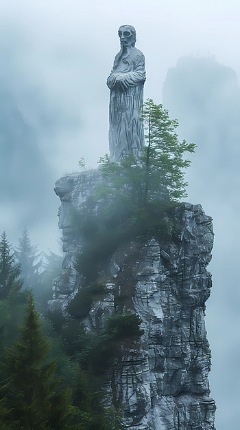 Worn statue on giant rock rising from mist, mist, statue, fantasy, nature HD phone wallpaper