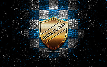 Club Bolivar, glitter logo, Bolivian Primera Division, blue white checkered background, soccer, Bolivian football club, Club Bolivar logo, mosaic art, football, Bolivar FC HD wallpaper