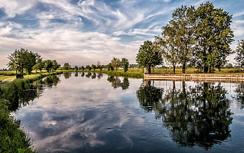 Landscape of Lombardy, Italy, trees, clouds, Italy, canal HD wallpaper