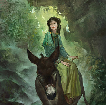 :), green, girl, donkey, lin zheng, animal, frumusete, art, gorgeous, superb, butterfly, fantasy HD wallpaper