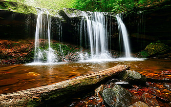 Landscape, Nature, Water, Rocks, Waterfall, Log HD wallpaper