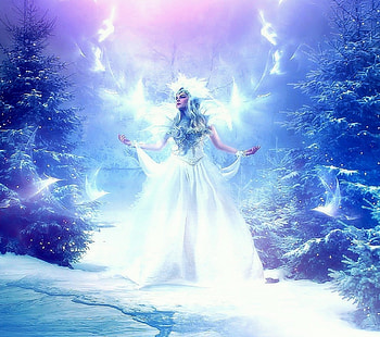 ~Beautiful Soul in Winter~, winter, blue, holidays, beautiful girls, digital art, lady, soul, christmas trees, wings, white, model, weird things people wear, people, backgrounds, creative pre-made, fantasy, manipulation, flying birds, softness beauty, girls, xmas and new year HD wallpaper