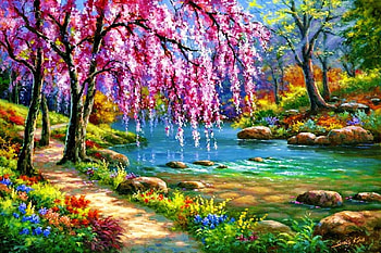 springtime coming, trees, pink, springtime, lake HD wallpaper