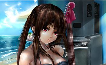 Red Eyes, azusa nakano, guitar, twin tails, long hair, lady, twintails, maiden, , female, nakano azusa, k-on, sexy, kon, twintail, hot, girl, black hair, nakano, anime girl, azusa, anime, realistic HD wallpaper