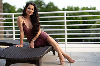 Victoria in a Red Dress, model, high heels, smile, brunette, dress HD wallpaper