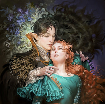 Lord of the night realm, art, fantasy, erion makuo, man, couple, redhead, girl, vampire HD wallpaper