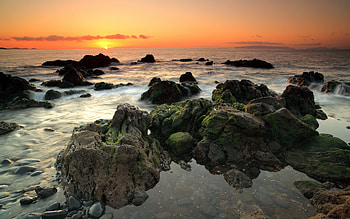 Peaceful, clouds, rocks, sunset, ocean, beach HD wallpaper