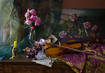 Still life, Roses, Violin, Grapes, Candlestick HD wallpaper