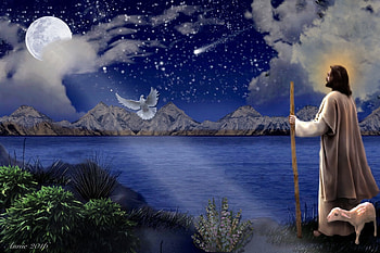 One With The Father, night, god, Jesus Christ, Jesus, peaceful, serene, beauty, holy spirit, moon, heaven, Lake, father, Dove, savior, water, Sky HD wallpaper