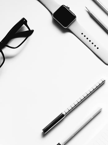 A sleek black-and-white flat lay of a modern office desk featuring a smartwatch and glasses. HD phone wallpaper