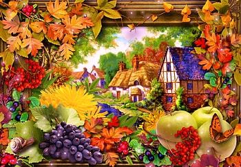Autumn's Blessings, blue, orange, purple, leaves, abstract, cottages, fruit, autumn, warm HD wallpaper