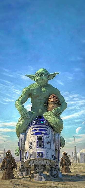 Giant yoda, baby yoda, r2d2, star wars HD phone wallpaper