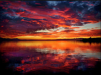Sunset, sea, peaceful, beautiful, sunrise, reflection, mirrored, red, clouds, nature, sky, water, calm, ocean HD wallpaper