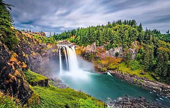 Snoqualmie Falls, Olallie State Park, Washington, river, house, clouds, waterfall, trees, sky HD wallpaper