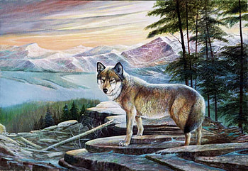 Sentinel, mountains, rocks, wolf, artwork, painting, trees HD wallpaper