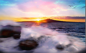 sunset, waves, rocks HD wallpaper